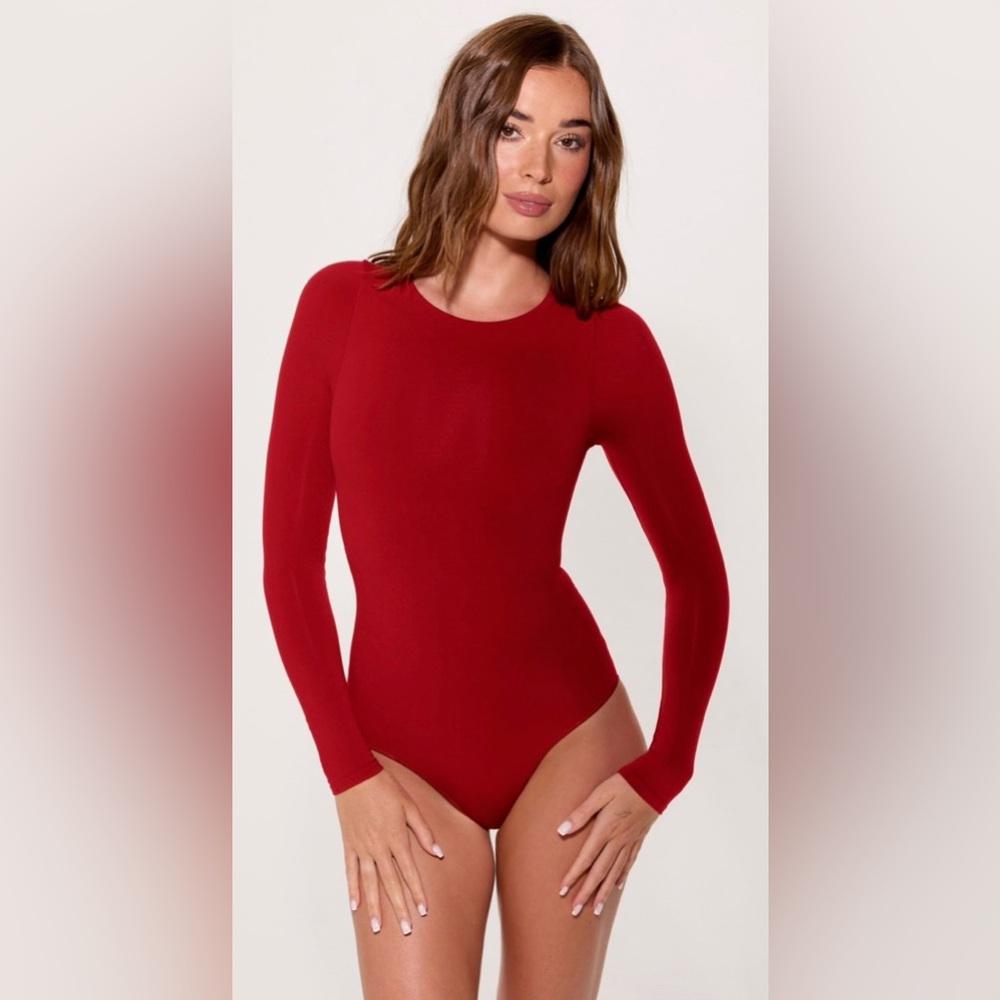 Holly Berry Red Nearly Naked Shapewear LS Bodysuit | XS-S | Fabletics | New